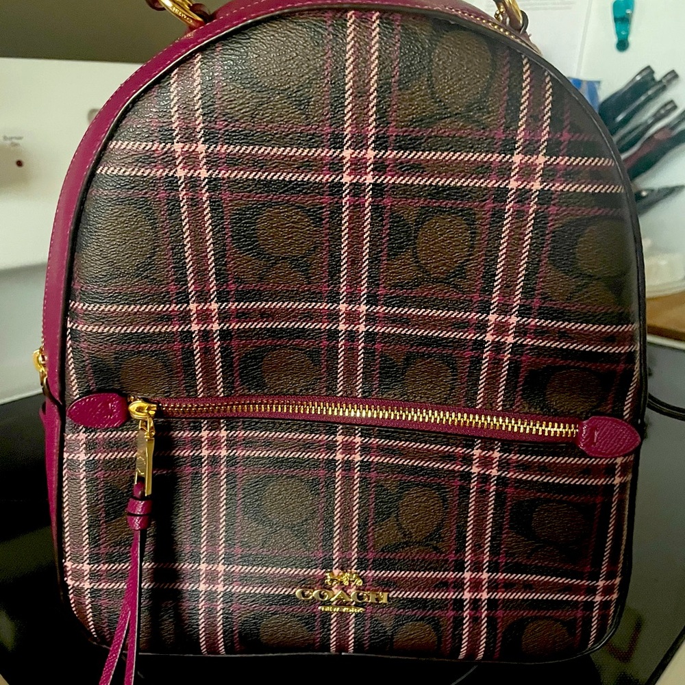 Plaid Coach Backpack/purse.Purple, brown & black.